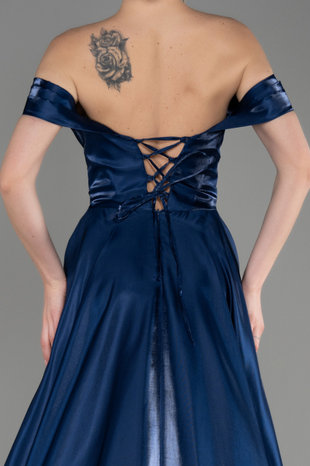 Robe de Soirée Longue Satin Bleu Marine ABU3774