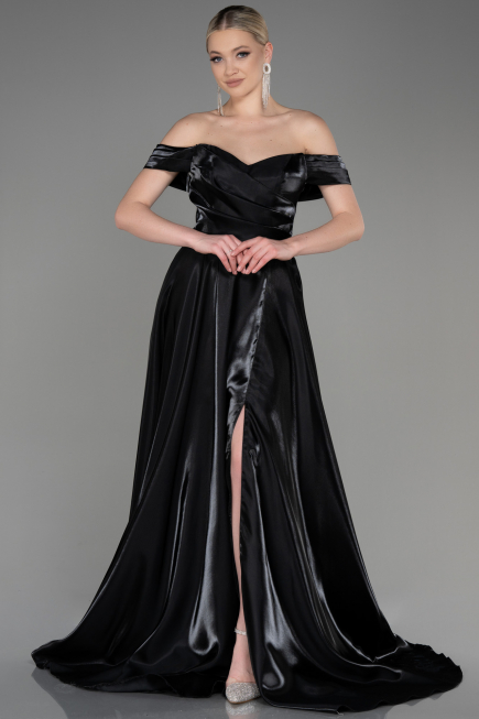 Robe de Soirée Longue Satin Noir ABU3774
