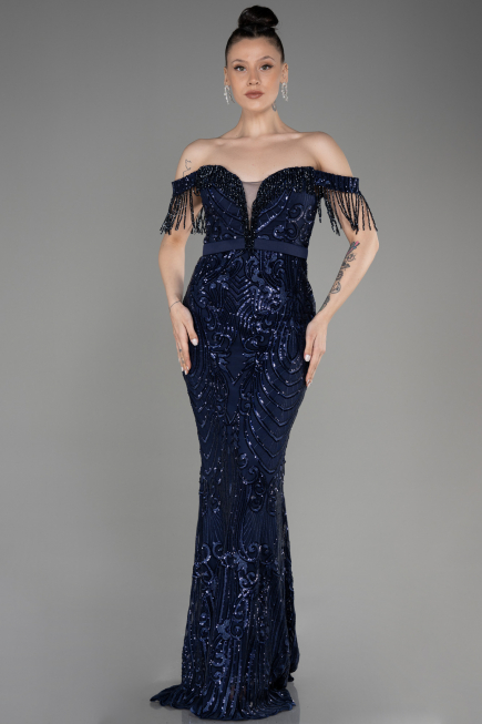 Robe De Fiançailles Grande Taille Longue Bleu Marine ABU3785