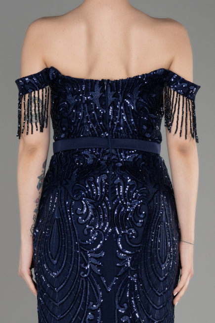 Robe De Fiançailles Grande Taille Longue Bleu Marine ABU3785