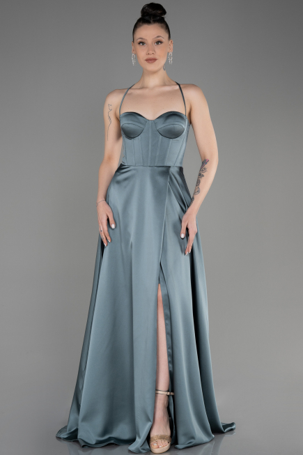 Robe de Soirée Longue Satin Turquoise ABU3809