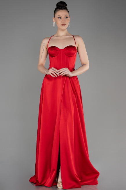 Robe de Soirée Longue Satin Rouge ABU3809