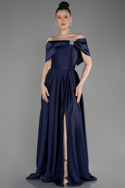 Robe de Soirée Longue Satin Bleu Marine ABU3788