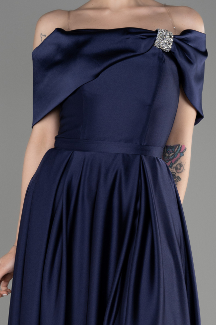 Robe de Soirée Longue Satin Bleu Marine ABU3788