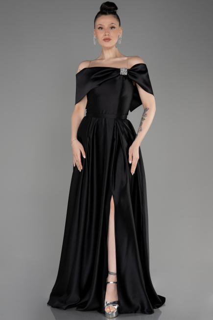 Robe de Soirée Longue Satin Noir ABU3788
