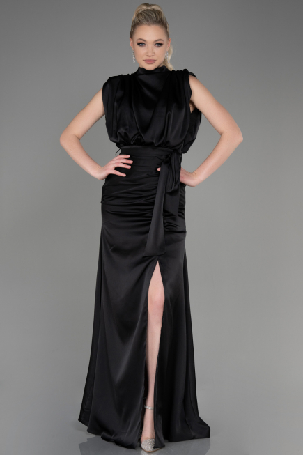 Robe De Soirée Satin Longue Noir ABU2133