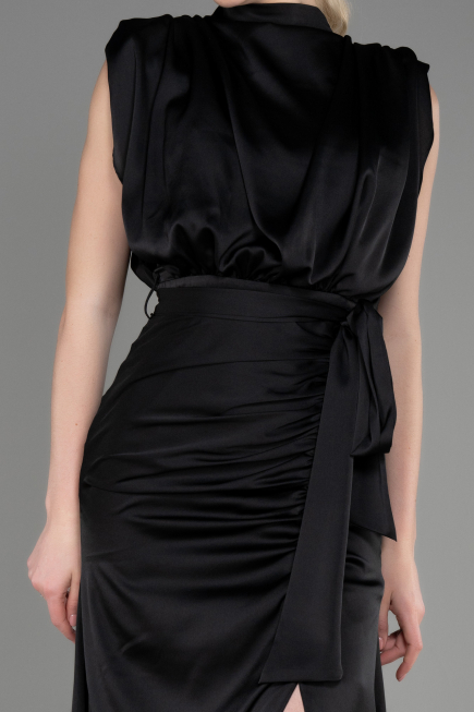 Robe De Soirée Satin Longue Noir ABU2133