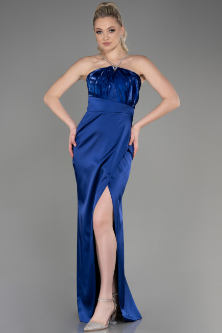 Robe de Soirée Longue Satin Bleu Marine ABU3525