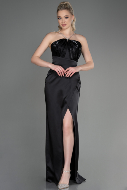 Robe de Soirée Longue Satin Noir ABU3525