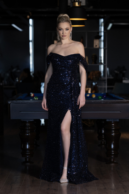 Robe de Soirée Longue Squameuse Bleu Marine ABU3577