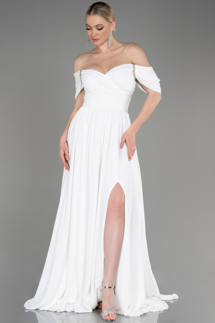 Robe de Soirée Longue Mousseline Blanc ABU3827