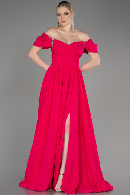 Robe de Soirée Longue Mousseline Fushia ABU3827