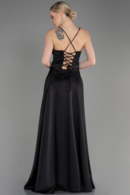 Robe de Soirée Longue Satin Noir ABU3809