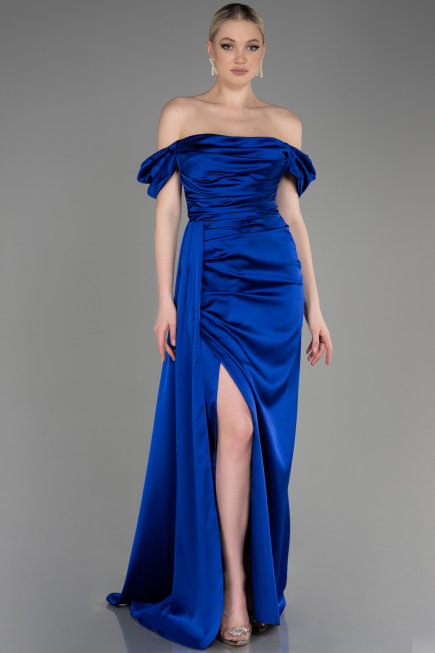 Robe De Fiançaille Satin Longue Bleu Saxe ABU1606