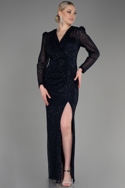 Robe de Soirée Longue File Bleu Marine ABU3831