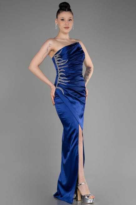 Robe de Soirée Longue Satin Bleu Marine ABU3825