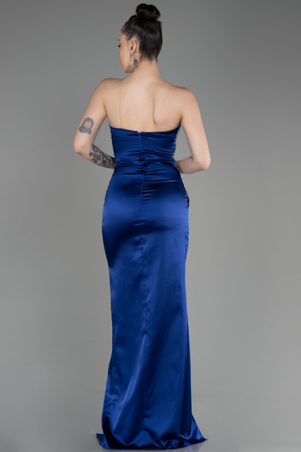 Robe de Soirée Longue Satin Bleu Marine ABU3825