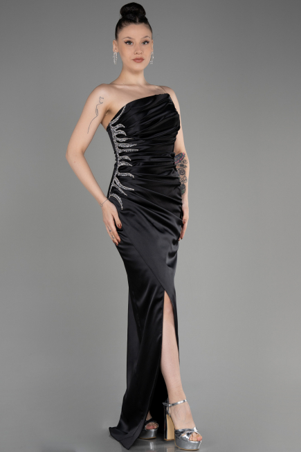 Robe de Soirée Longue Satin Noir ABU3825