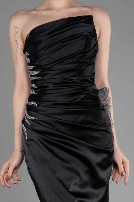 Robe de Soirée Longue Satin Noir ABU3825