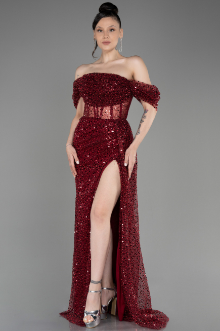Robe de Soirée Longue Squameuse Rouge Bordeaux ABU3847