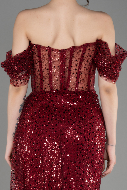Robe de Soirée Longue Squameuse Rouge Bordeaux ABU3847