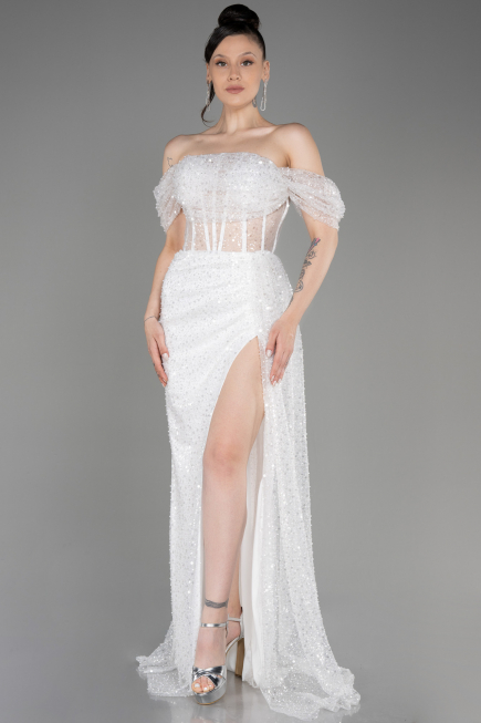 Robe de Soirée Longue Squameuse Blanc ABU3847