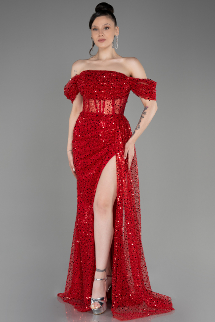 Robe de Soirée Longue Squameuse Rouge ABU3847