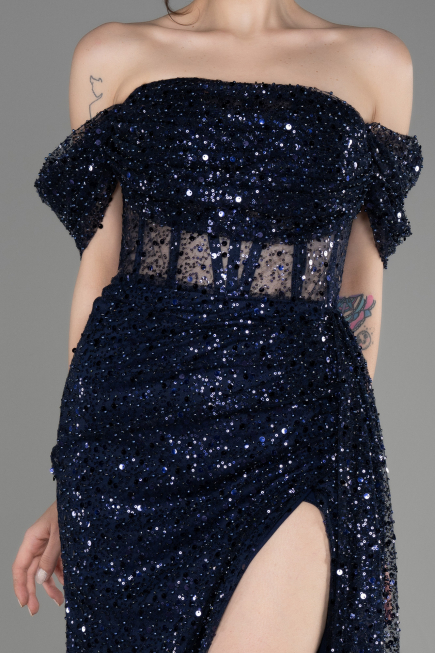 Robe de Soirée Longue Squameuse Bleu Marine ABU3847