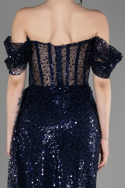 Robe de Soirée Longue Squameuse Bleu Marine ABU3847