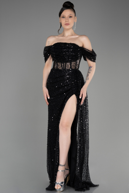 Robe de Soirée Longue Squameuse Noir ABU3847