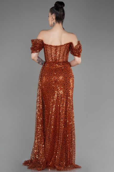 Robe de Soirée Longue Squameuse Marron Clair ABU3847