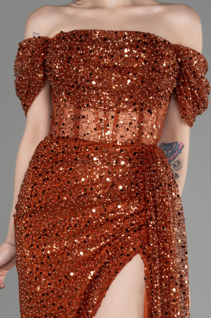 Robe de Soirée Longue Squameuse Marron Clair ABU3847