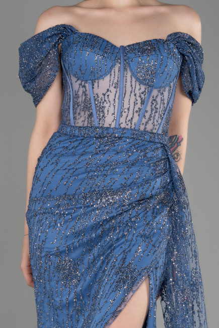 Robe De Soirée Longue Gris-Indigo ABU2706