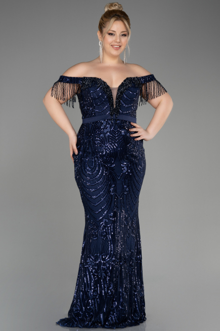 Robe De Fiançailles Grande Taille Longue Bleu Marine ABU3785