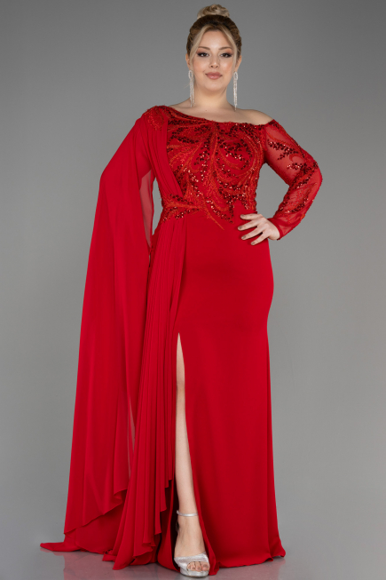 Robe De Soirée Grande Taille Dantelle Longue Rouge ABU3512