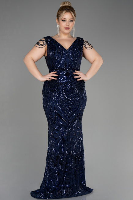 Robe De Fiançailles Grande Taille Longue Squameuse Bleu Marine ABU3845