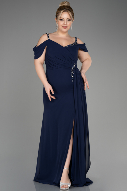 Robe De Soirée Grande Taille Longue Mousseline Bleu Marine ABU3742