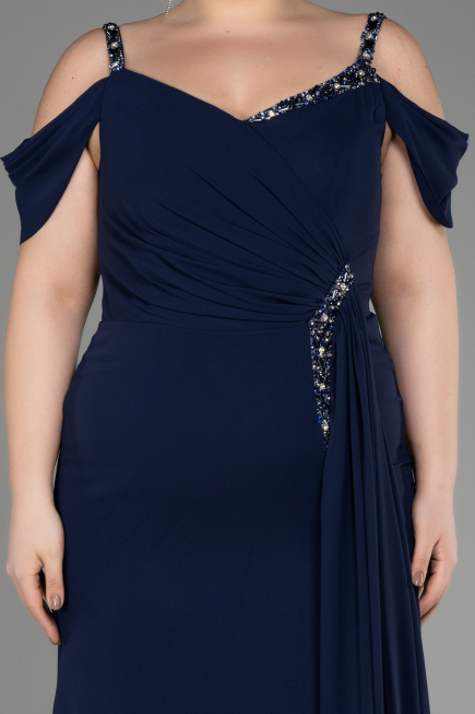 Robe De Soirée Grande Taille Longue Mousseline Bleu Marine ABU3742