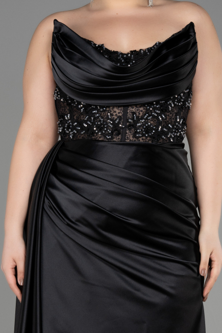 Robe De Graduation Grande Taille Longue Satin Noir ABU3855