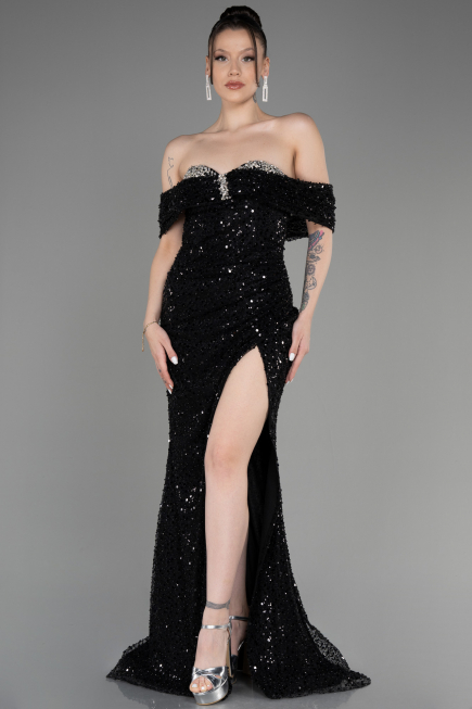 Robe de Soirée Longue Squameuse Noir ABU3864
