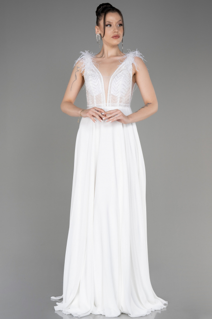 Robe de Soirée Longue Mousseline Blanc ABU3856