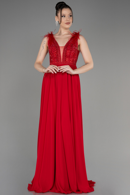Robe de Soirée Longue Mousseline Rouge ABU3856