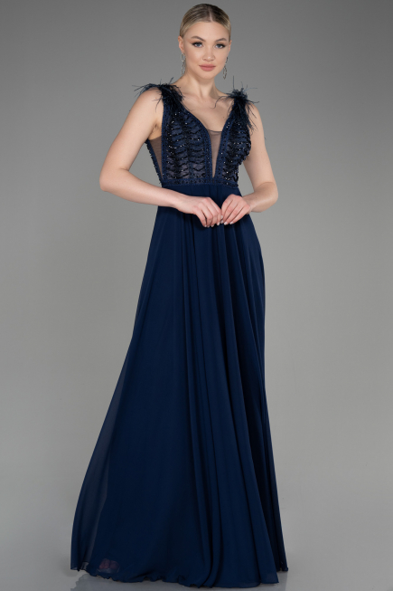 Robe de Soirée Longue Mousseline Bleu Marine ABU3856
