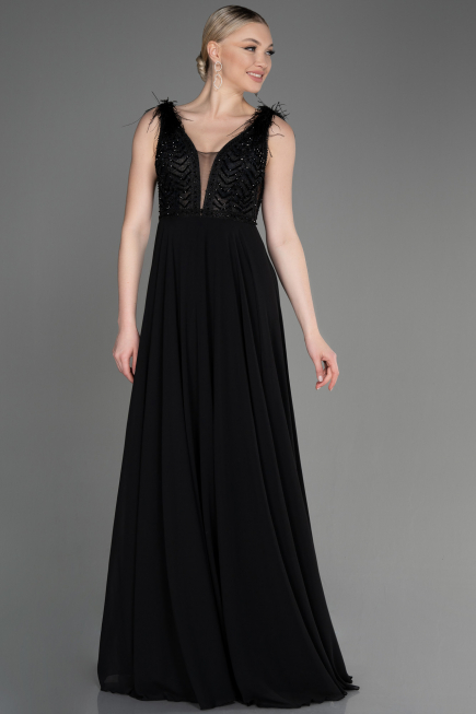 Robe de Soirée Longue Mousseline Noir ABU3856