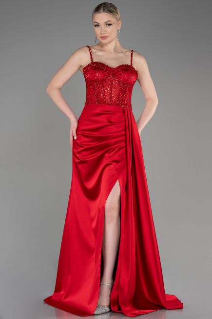 Robe de Soirée Longue Satin Rouge ABU3875