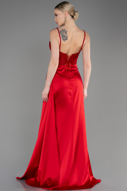 Robe de Soirée Longue Satin Rouge ABU3875