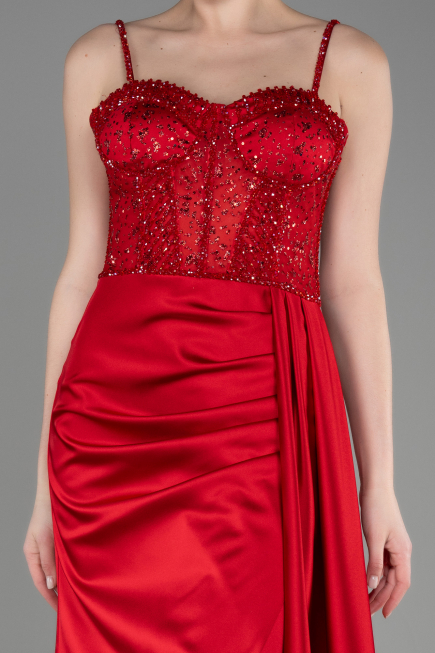 Robe de Soirée Longue Satin Rouge ABU3875
