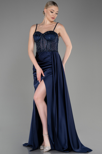 Robe de Soirée Longue Satin Bleu Marine ABU3875