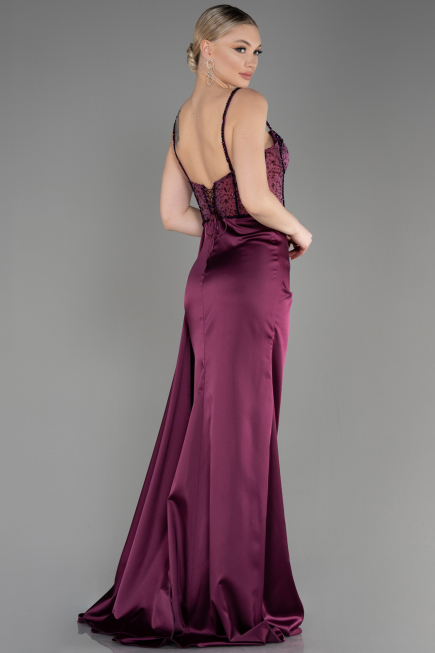 Robe de Soirée Longue Satin Prune ABU3875
