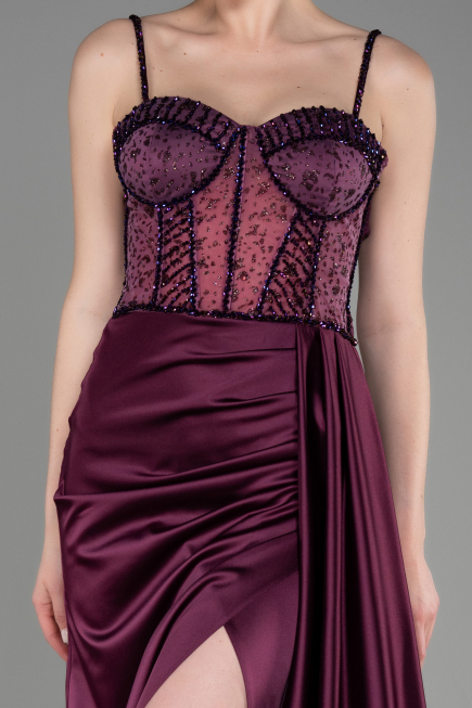 Robe de Soirée Longue Satin Prune ABU3875